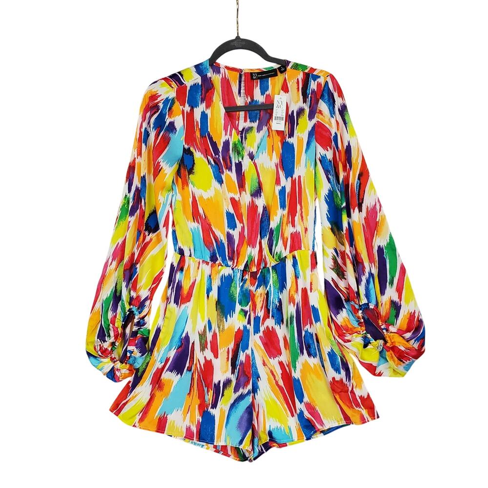 NY&CO Rainbow Paint Splash Silky Romper Dress M Puff Boho Whimsy Festival NWT